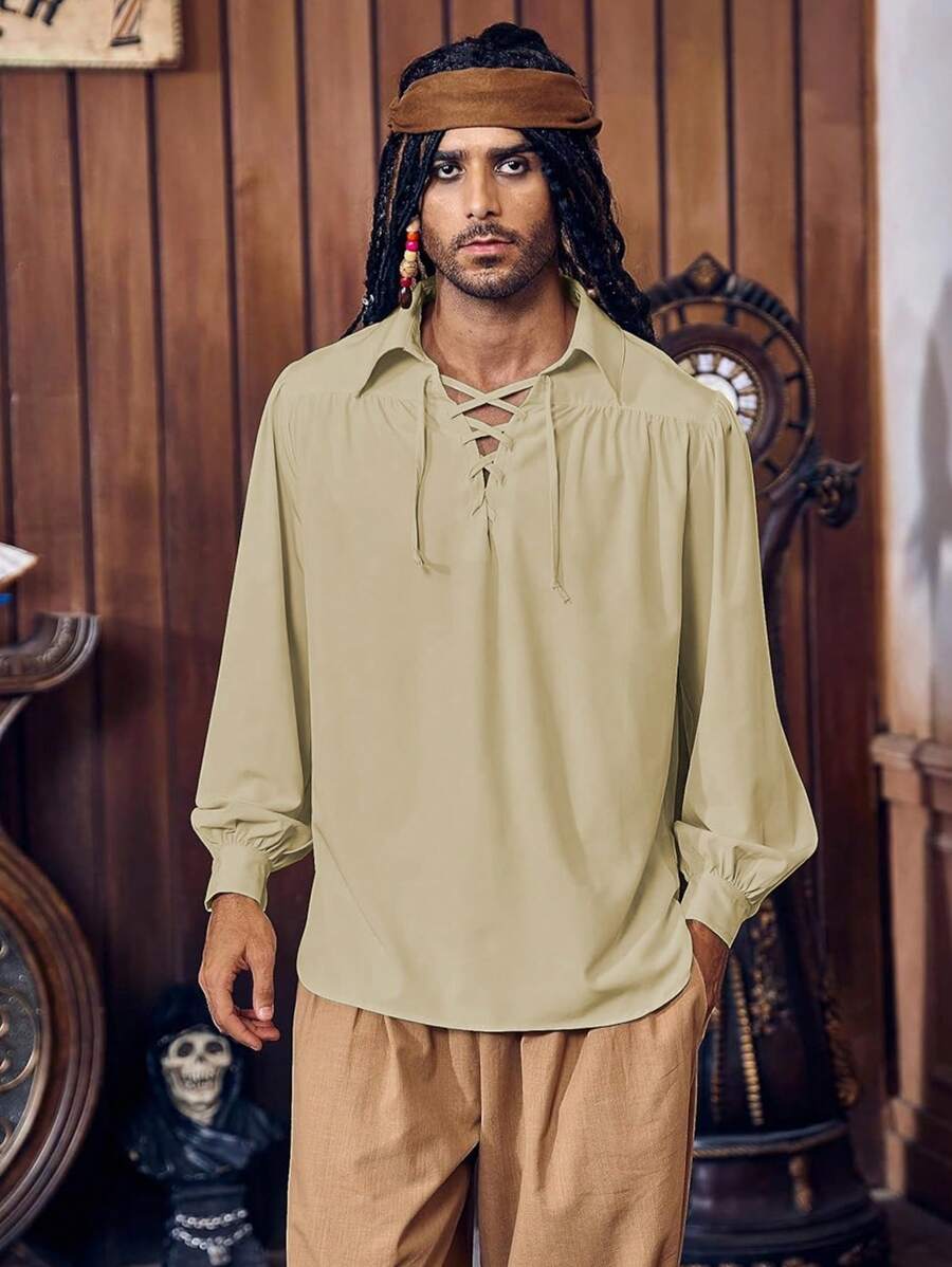 Men Medieval Pirate Shirt Ruffle Steampunk Victorian Cosplay Costume Gothic Renaissance Viking Tops - Yellow - View 1