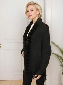 1 Piece Women's Elegant Classic Plush Collar Fringed Poncho Shawls, Warm Versatile Cardigan Shawl Cape For Fall/Winter - 黑色 - 查看 4