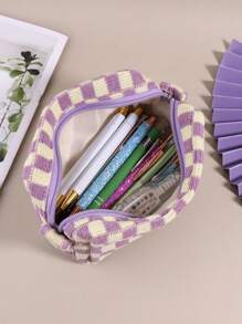 1 件格纹铅笔盒，返校，学校用品，铅笔袋，书包 - 棕色 - 查看 9