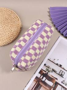 1 件格纹铅笔盒，返校，学校用品，铅笔袋，书包 - 棕色 - 查看 8