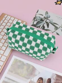 1 件格纹铅笔盒，返校，学校用品，铅笔袋，书包 - 棕色 - 查看 10