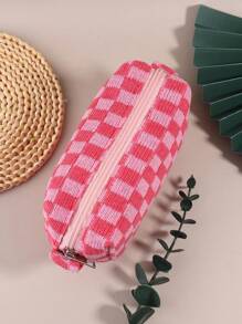 1 件格纹铅笔盒，返校，学校用品，铅笔袋，书包 - 棕色 - 查看 1