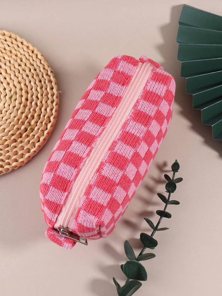 1 件格纹铅笔盒，返校，学校用品，铅笔袋，书包 - 棕色 - 查看 1