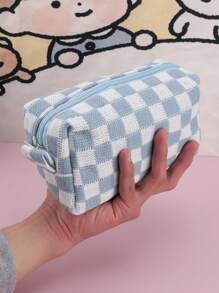 1 件格纹铅笔盒，返校，学校用品，铅笔袋，书包 - 棕色 - 查看 7