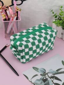 1 件格纹铅笔盒，返校，学校用品，铅笔袋，书包 - 棕色 - 查看 11