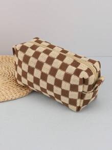 1 件格纹铅笔盒，返校，学校用品，铅笔袋，书包 - 棕色 - 查看 5