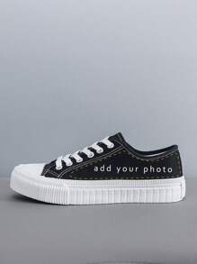 Giày vải DIY tùy chỉnh Giày thể thao đế cao su lưu hóa cổ thấp Unisex, Thiết kế đơn giản Phù hợp cho mọi mùa - Đen và trắng - Xem 3