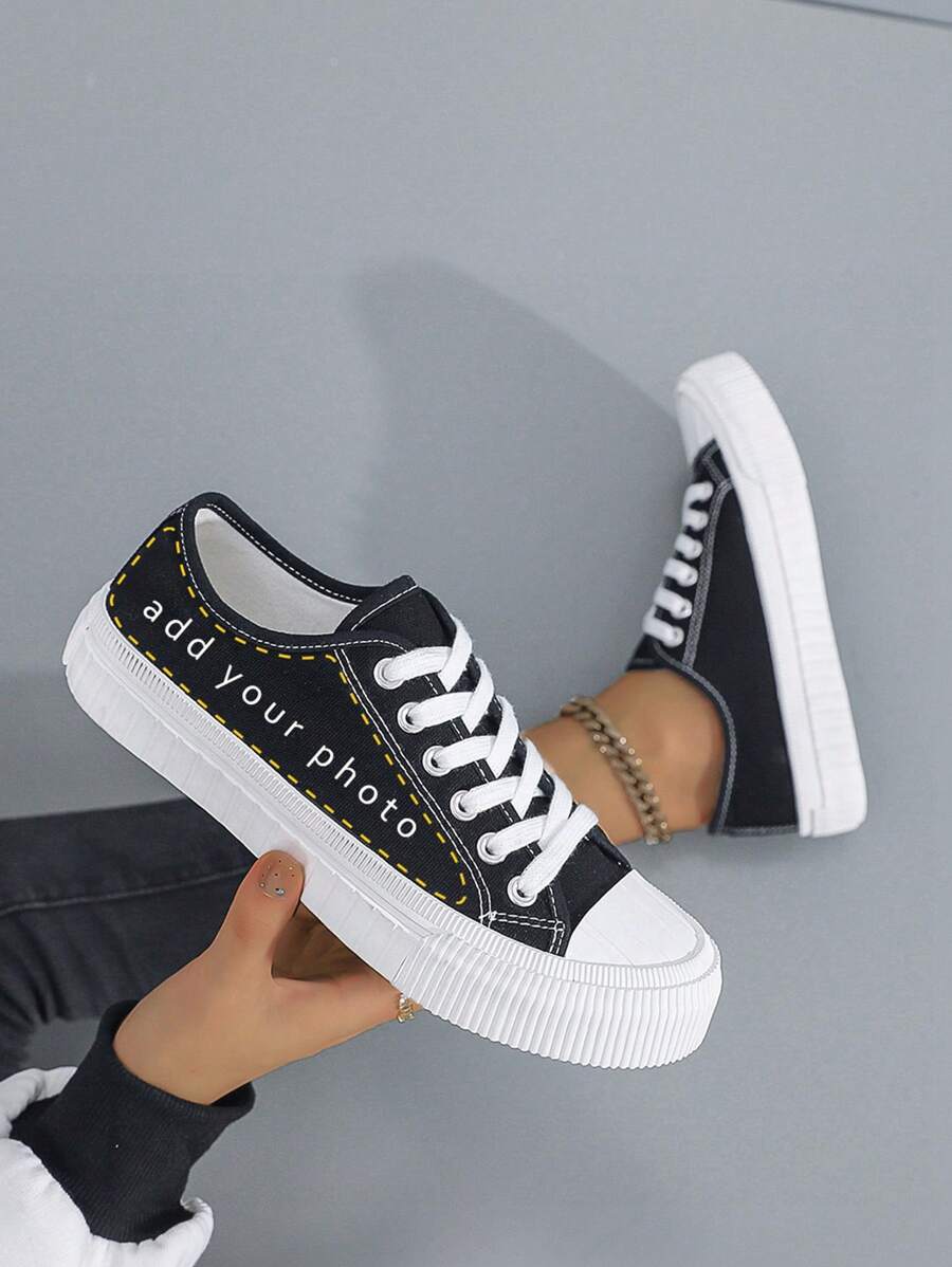 Giày vải DIY tùy chỉnh Giày thể thao đế cao su lưu hóa cổ thấp Unisex, Thiết kế đơn giản Phù hợp cho mọi mùa - Đen và trắng - Xem 1