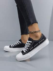 Giày vải DIY tùy chỉnh Giày thể thao đế cao su lưu hóa cổ thấp Unisex, Thiết kế đơn giản Phù hợp cho mọi mùa - Đen và trắng - Xem 2