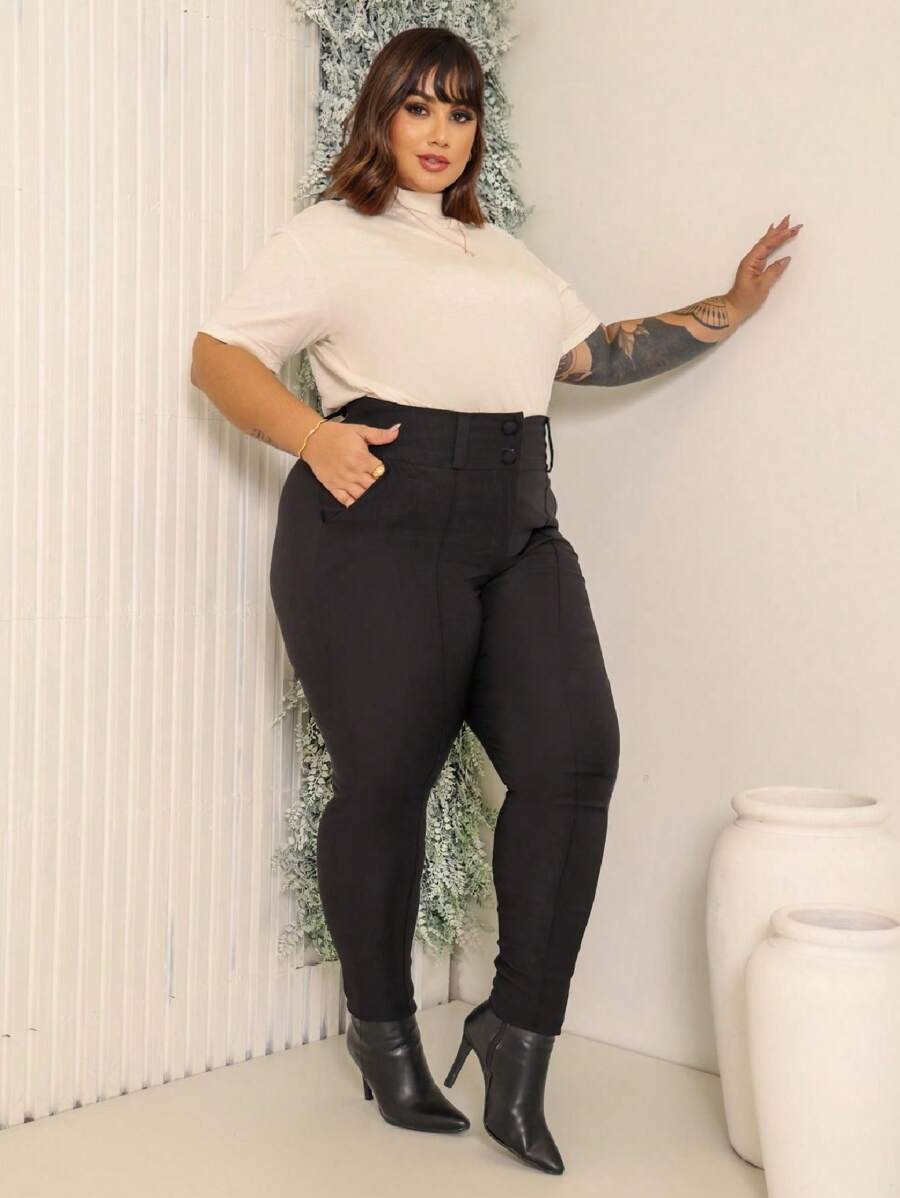 TAILORED PLUS SIZE DRESS PANTS ELASTANE BENGALINE 2 BUTTONS ZIPPER WAISTBAND ELEGANT CURVE - Preto Black - View 1