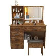 Modern Compact Dressing Table With Mirror 5 Drawers 4 Shelves Led - 棕色 - 查看 7
