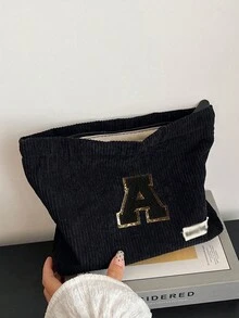 Túi cầm tay nhung kẻ, Túi đựng đồ trang điểm, Túi đựng đồ sọc đơn giản khi đi du lịch, Khăn đen thêu chữ A-Z, Ví đựng mỹ phẩm màu trơn, Túi đựng đồ trang điểm du lịch nhung kẻ dung tích lớn: Hoàn hảo cho việc làm đẹp khi di chuyển! Túi đựng đồ mỹ phẩm du lịch, Đơn giản và cao cấp, Đựng phụ kiện, Thích hợp để cất giữ trong ký túc xá, Du lịch, Đi công tác, Bơi lội, Đựng đồ tại nhà - màu đen - Xem 4