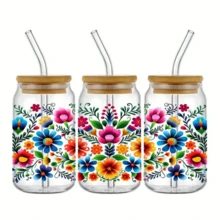 墨西哥花朵 UV 印刷防水贴纸，适用于 16 盎司罐子和瓶子 - 4 件套，优质 PVC，DIY 工艺品和美术用品，4.3 英寸 X9.4（圣诞装饰、房间装饰、家居装饰、圣诞礼物、墙面装饰） - 彩色 - 查看 4