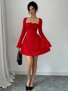 abyoxi Red Color Chest Pleated Short Dress, Side Design, Pure Desire Style, Outdoor Dressing, Internet Famous Spicy Girl,Wedding Dating,Christmas Day, Valentine's Day,Back To School,Fall/Winter Clothes For Women