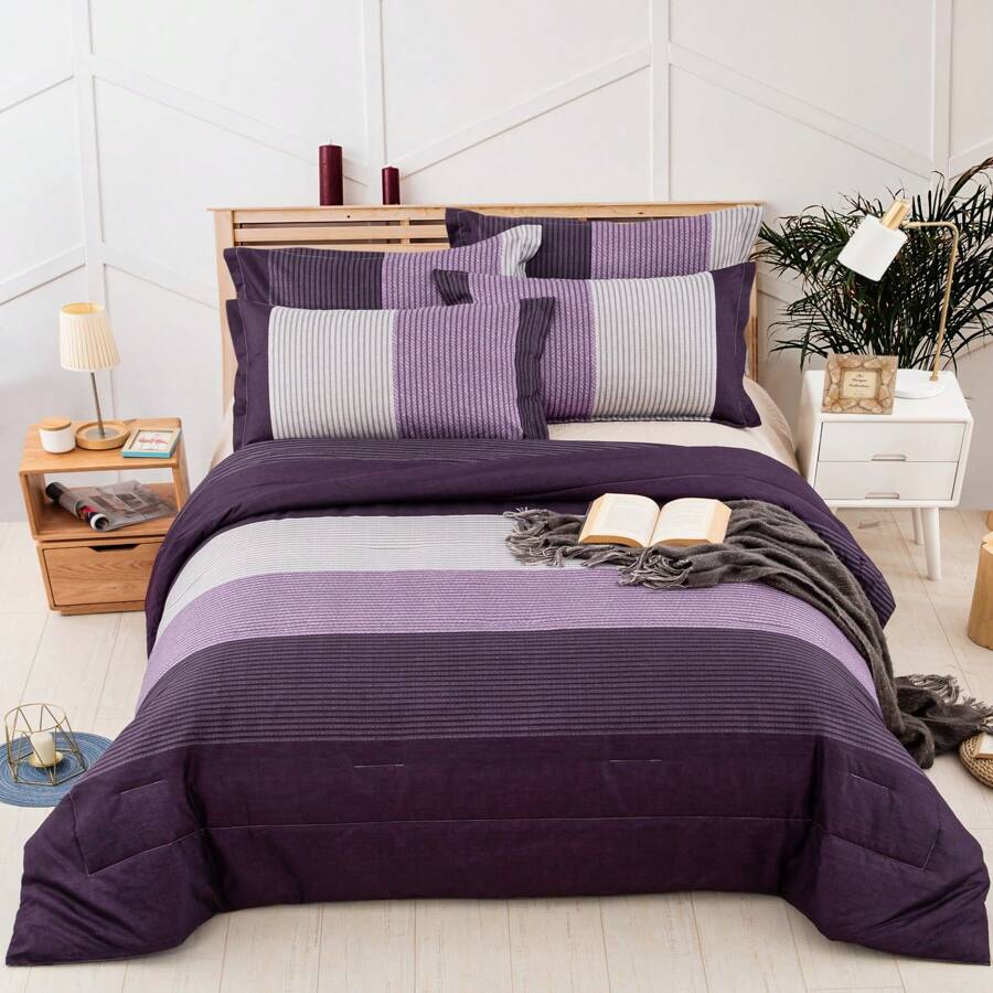 Juego de edredón WONGS BEDDING de 3 piezas morado para tamaño Queen y King, reversible con patrón a rayas de parches en color negro y morado como alternativa de edredón para cama Queen (1 edredón + 2 fundas de almohada), juego de ropa de cama suave de microfibra de 90" * 90" - Morado - Ver 1