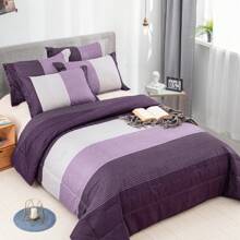 Juego de edredón WONGS BEDDING de 3 piezas morado para tamaño Queen y King, reversible con patrón a rayas de parches en color negro y morado como alternativa de edredón para cama Queen (1 edredón + 2 fundas de almohada), juego de ropa de cama suave de microfibra de 90" * 90" - Morado - Ver 2