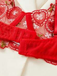 Nuevo conjunto de lencería sexy primavera/verano para mujer, sujetador de malla transparente con bordado de fresa y panty de talle bajo, estilo campestre dulce, ajustable, íntimo - Rojo - Ver 6