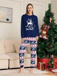 女士圣诞睡衣，新年圣诞鹿印花上衣和碎花裤，女士圣诞套装，圣诞睡衣，女士秋冬两件套家居服，秋季服装