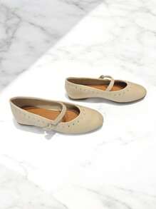 RevReaL Women's Light Color Round Toe Rivet Flats - Classic Mary Jane Shoes (Silver Buckle Decor) Valentines - Beige - View 3