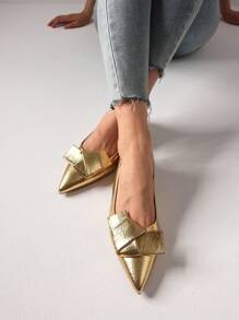 Women's Kitten Heels Slingback Pumps Bow Knot Pointed Closed Toe Thick Low Heels Pumps Woman Wedding Bridal Dress Shoes - 金色 - 查看 3