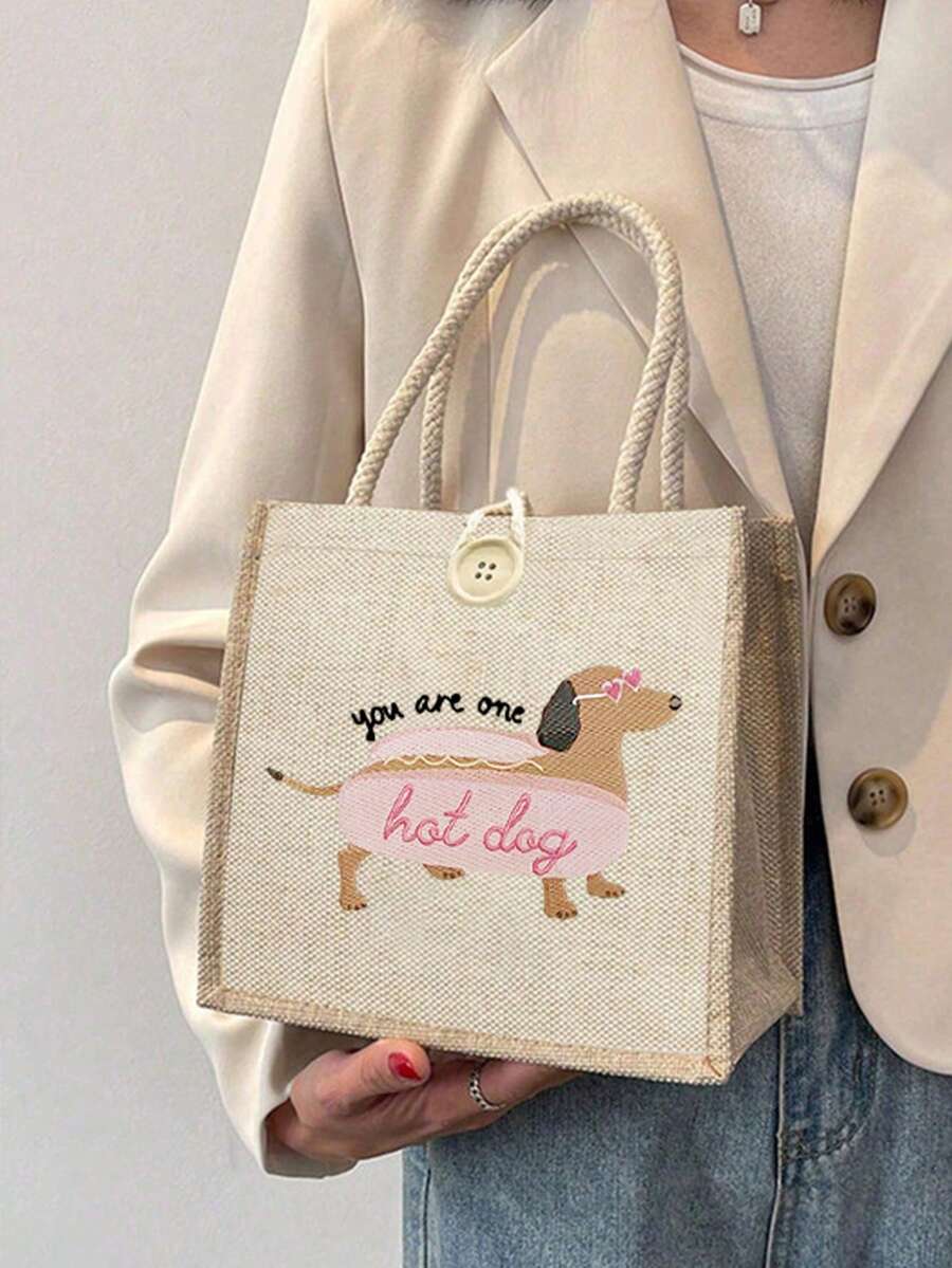 腊肠犬图案亚麻手提包，纽扣装饰手提包，简约大容量手提包，便携休闲收纳手提包，圣诞礼物，教师节礼品袋，教师答谢收纳袋，适合女性，日常使用，约会，生日，节日，返校，秋冬季，度假，旅行，通勤，商务，学生，野餐，露营，超市，日常收纳，腊肠犬包，创意圣诞礼物创意 - 卡其色 - 查看 1