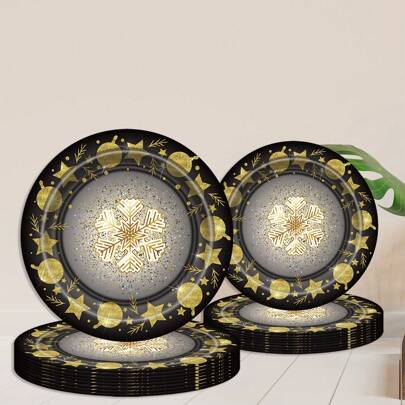20pcs/50pcs Gold Snowflake Frozen Themed Disposable Party Tableware, Christmas Pattern Themed Disposable Paper Plates, 9 Inch / 7 Inch Plate