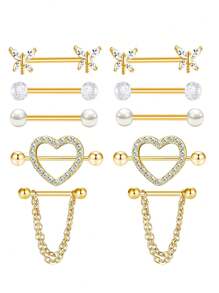 Set de 10 piezas de joyería de piercing de pezón de acero inoxidable chapado en oro con diseños de mariposa, cadena y flor de 14G, aros y piezas de pezón con forma de corazón, para uso en citas, fiestas, Día de la Madre, regalo