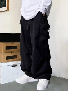 1pc Tween Boy Loose Casual Outdoor Exercise Flap Pocket & Drawstring Side Black Cargo Pants, Spring Autumn - Black - View 1