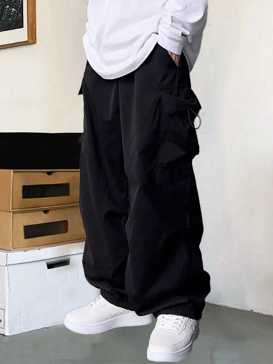 1pc Tween Boy Loose Casual Outdoor Exercise Flap Pocket & Drawstring Side Black Cargo Pants, Spring Autumn - Black - View 1