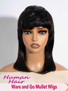 Parrucca in veri capelli umani stile mullet per donna, colore 1B, parrucca corta in capelli umani neri naturali con frangia, parrucca a caschetto pixie in alta qualità di capelli vergini umani senza colla, taglio di capelli a strati e wolf cut, parrucca sostitutiva per uso quotidiano - Naturale e nero - Visualizzare 1