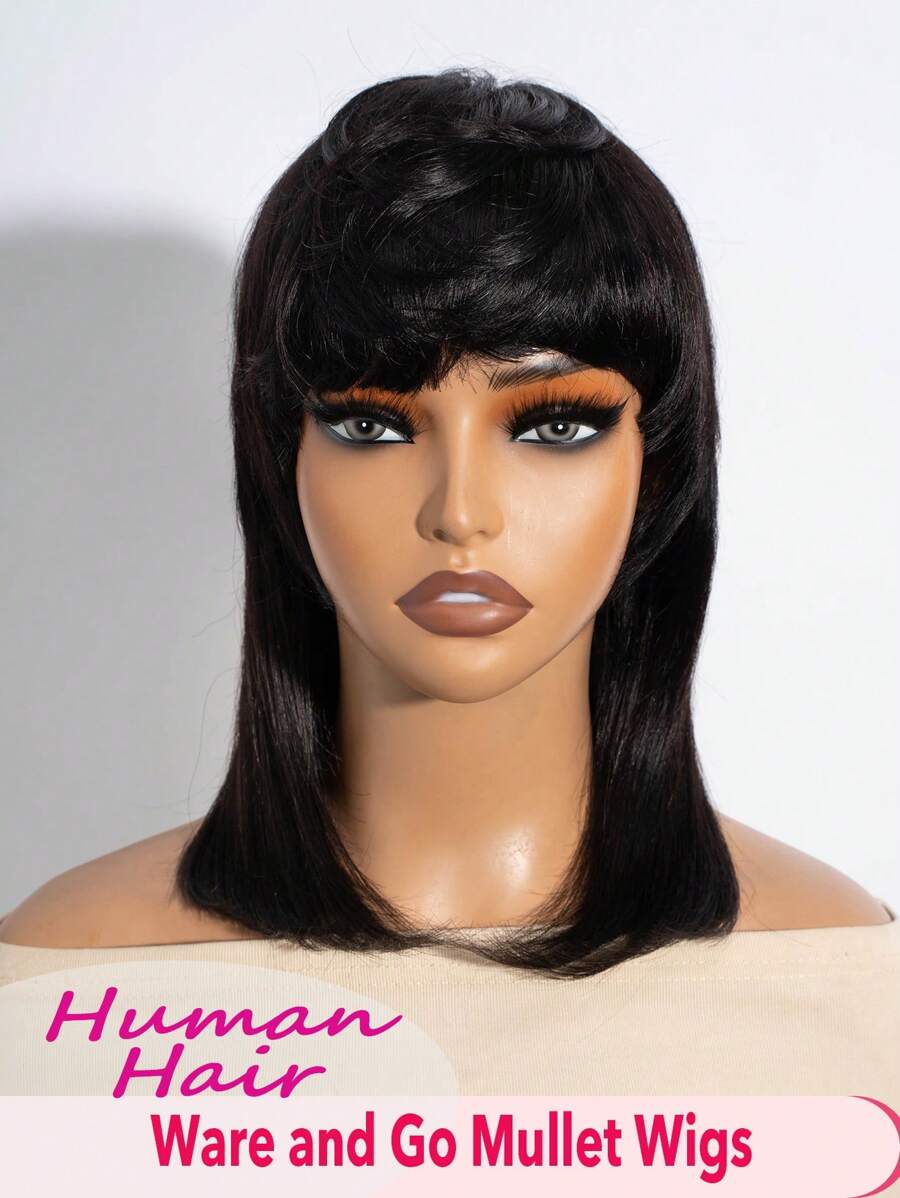 Parrucca in veri capelli umani stile mullet per donna, colore 1B, parrucca corta in capelli umani neri naturali con frangia, parrucca a caschetto pixie in alta qualità di capelli vergini umani senza colla, taglio di capelli a strati e wolf cut, parrucca sostitutiva per uso quotidiano - Naturale e nero - Visualizzare 1