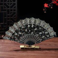 1 件新款迷你玫瑰图案古典扇子、舞者礼物、表演折扇、复古丝绸扇女式 - 彩色 - 查看 2