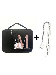 时尚简约复活节耶稣印花圣经袋和 1 个不锈钢书签，带和链条、首字母印刷、圣经封面、圣经架、便携整理袋，带拉链和口袋，适用于标准尺寸圣经袋，用于圣经学习，圣经封面，花卉圣经盒，带手柄的圣经袋，非常适合成人女性男性圣经学习（黑色）（拉链位置随机）