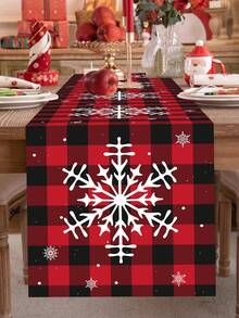 1 khăn trải bàn Giáng sinh, viền kẻ caro có chú lùn giữ quà, họa tiết quả bóng Giáng sinh, dòng chữ "Merry Christmas", chất liệu polyester, trang trí bàn tiệc Giáng sinh mùa đông tại nhà và phòng ăn - Nhiều màu - Xem 4