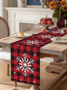 1 khăn trải bàn Giáng sinh, viền kẻ caro có chú lùn giữ quà, họa tiết quả bóng Giáng sinh, dòng chữ "Merry Christmas", chất liệu polyester, trang trí bàn tiệc Giáng sinh mùa đông tại nhà và phòng ăn - Nhiều màu - Xem 5