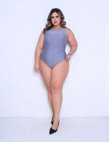 Sara Plus Size Bodysuit Basic Tank Top With Lining - 灰色 - 查看 3