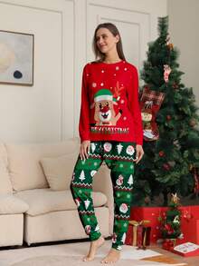 Women's Christmas Pajamas, Santa Claus Print Long Sleeve Top And Floral Pants, Women's Christmas Outfit, Christmas Sleepwear, Women's 2 Pieces Autumn/Winter Loungewear Set - Multicolor - View 5