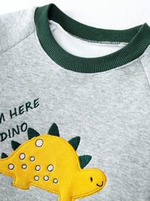 [特价] 小男孩保暖内衬加厚连帽运动衫，带刺绣恐龙图案，插肩袖 - 綠色 - 查看 3