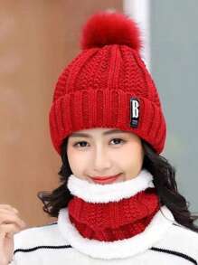 1 set Bonnet et écharpe tricotés pour femme en hiver, ensemble de bonnet épais doublé pour réchauffer les oreilles