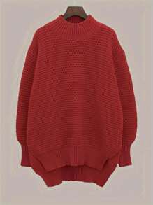 高低摆立领毛衣，优雅长袖针织衫，适合秋冬季节，女款 - 酒紅色 - 查看 4