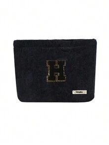 Túi cầm tay nhung kẻ, Túi đựng đồ trang điểm, Túi đựng đồ sọc đơn giản khi đi du lịch, Khăn đen thêu chữ A-Z, Ví đựng mỹ phẩm màu trơn, Túi đựng đồ trang điểm du lịch nhung kẻ dung tích lớn: Hoàn hảo cho việc làm đẹp khi di chuyển! Túi đựng đồ mỹ phẩm du lịch, Đơn giản và cao cấp, Đựng phụ kiện, Thích hợp để cất giữ trong ký túc xá, Du lịch, Đi công tác, Bơi lội, Đựng đồ tại nhà - màu đen - Xem 29