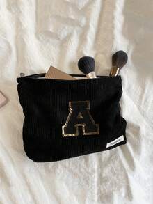 Túi cầm tay nhung kẻ, Túi đựng đồ trang điểm, Túi đựng đồ sọc đơn giản khi đi du lịch, Khăn đen thêu chữ A-Z, Ví đựng mỹ phẩm màu trơn, Túi đựng đồ trang điểm du lịch nhung kẻ dung tích lớn: Hoàn hảo cho việc làm đẹp khi di chuyển! Túi đựng đồ mỹ phẩm du lịch, Đơn giản và cao cấp, Đựng phụ kiện, Thích hợp để cất giữ trong ký túc xá, Du lịch, Đi công tác, Bơi lội, Đựng đồ tại nhà - màu đen - Xem 3