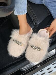 女士一脚蹬毛绒拖鞋，采用 TPR 轻质鞋底，金属装饰，温暖舒适，适合室内和室外穿着，杏色 - 杏色 - 查看 7