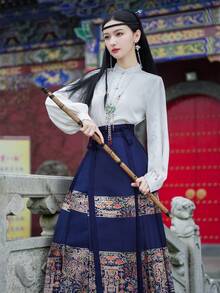 Spring Vintage Chinese Style Elegant Blue Floral Han Elements Ming Dynasty Horse-Face Skirt For Chinese Newyear, Daily, Street, Commuting, Home And Other Occasions To Wear Chinese Dress Hanfu Bottoms - Blue - View 8