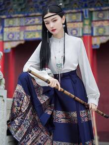 Spring Vintage Chinese Style Elegant Blue Floral Han Elements Ming Dynasty Horse-Face Skirt For Chinese Newyear, Daily, Street, Commuting, Home And Other Occasions To Wear Chinese Dress Hanfu Bottoms - Blue - View 9