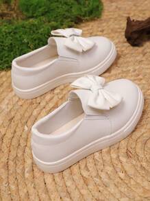 Kids Fashionable Cute Solid Color Bow Soft Bottom Non-Slip Casual White Shoes, Suitable For Daily Wear, Holiday, Party, And Performance - White - View 5