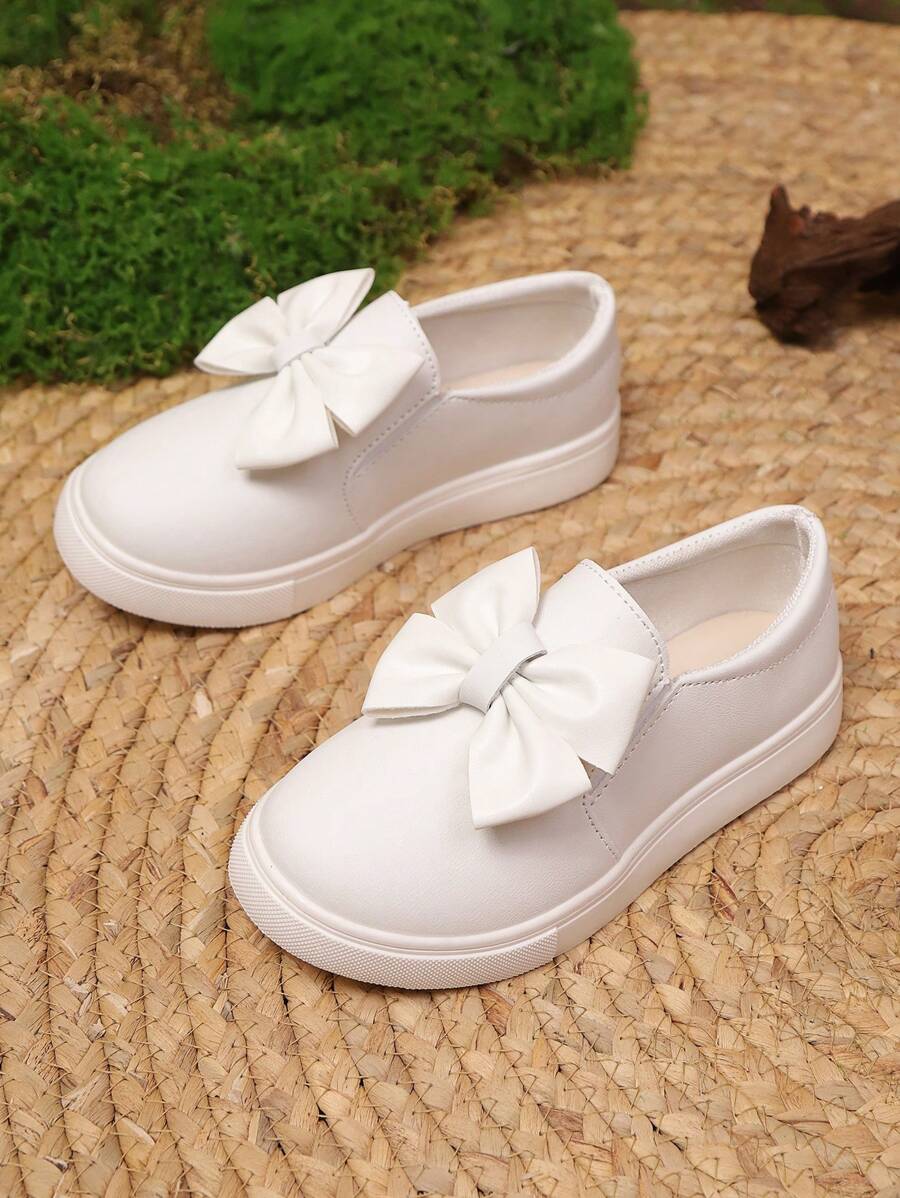 Kids Fashionable Cute Solid Color Bow Soft Bottom Non-Slip Casual White Shoes, Suitable For Daily Wear, Holiday, Party, And Performance - White - View 1