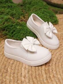 Kids Fashionable Cute Solid Color Bow Soft Bottom Non-Slip Casual White Shoes, Suitable For Daily Wear, Holiday, Party, And Performance - White - View 4