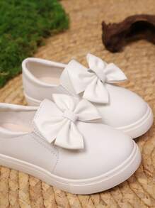 Kids Fashionable Cute Solid Color Bow Soft Bottom Non-Slip Casual White Shoes, Suitable For Daily Wear, Holiday, Party, And Performance - White - View 8