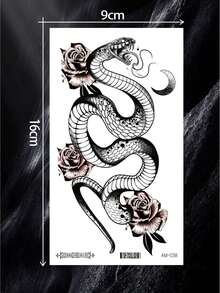 Waterproof Temporary Transfer Tattoo,1pc Water Transfer Paper, Dark Gothic Style, Coiled Snake, Rose & Crescent Moon Pattern, Delicate Line Details, Long Lasting Fake Tattoo Stickers, Body Art Decals For Women, Suitable For Waist, Abdomen, Hip, Arm - Black - View 4